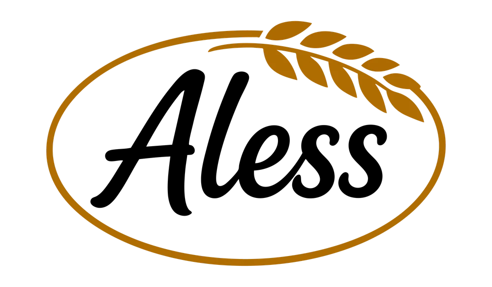 Logo Aless : le nom en lettres noires, un épi de blé et un ovale dorés